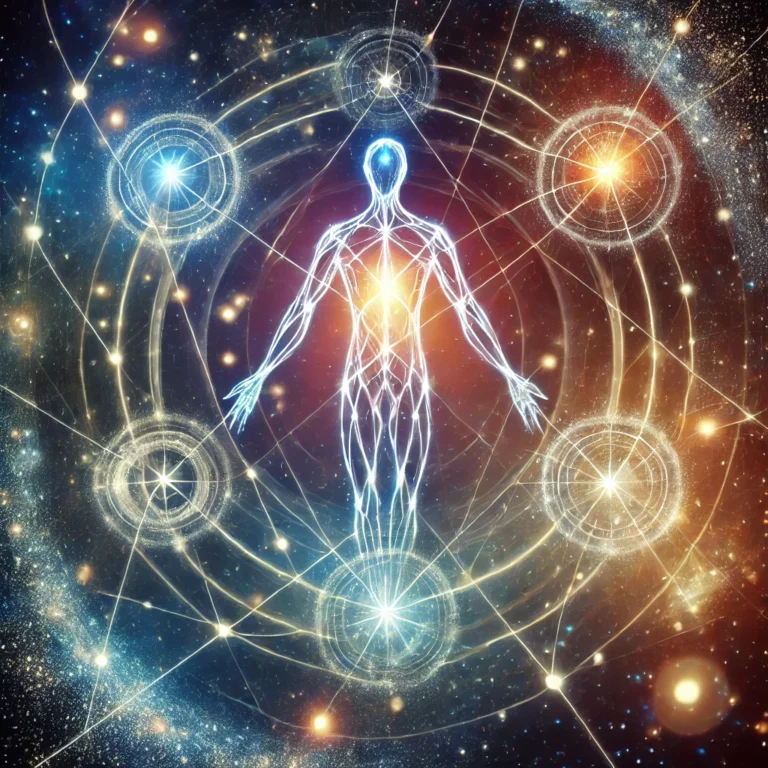 Figure stilizzate connesse da linee di energia — rappresentazione simbolica delle Costellazioni Quantiche