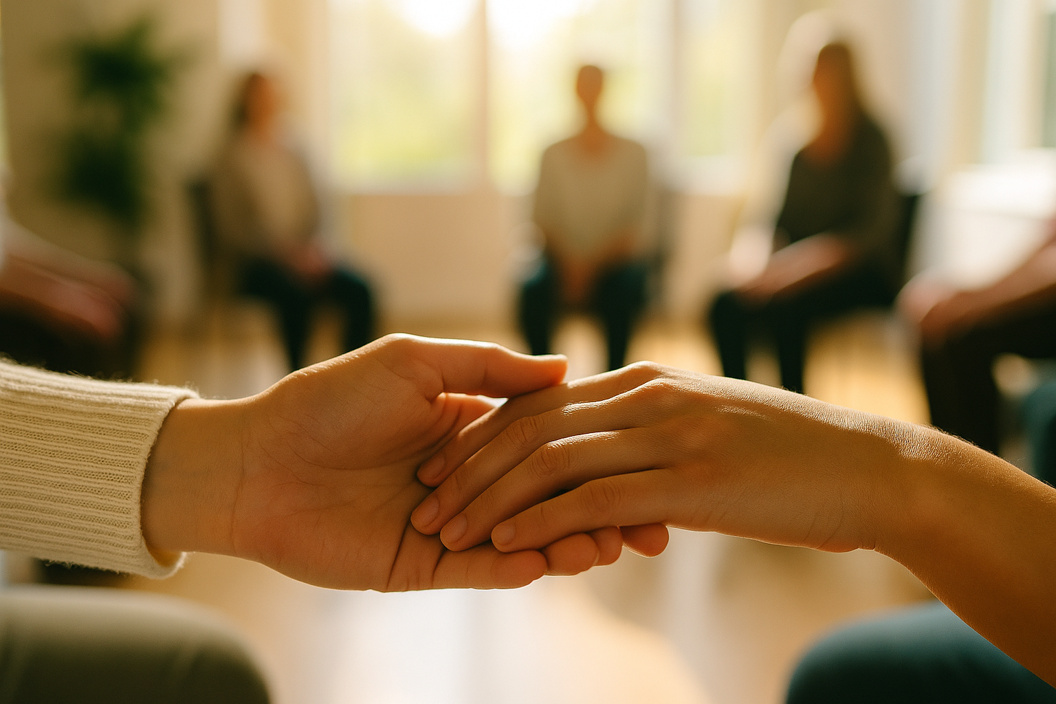 Cerchio di persone in meditazione – Rappresentazione di una sessione di gruppo di Costellazioni Quantiche.