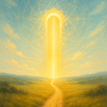 Portale energetico luminoso che si apre nel cielo sopra un sentiero dorato, simbolo di ascensione spirituale e connessione interiore.