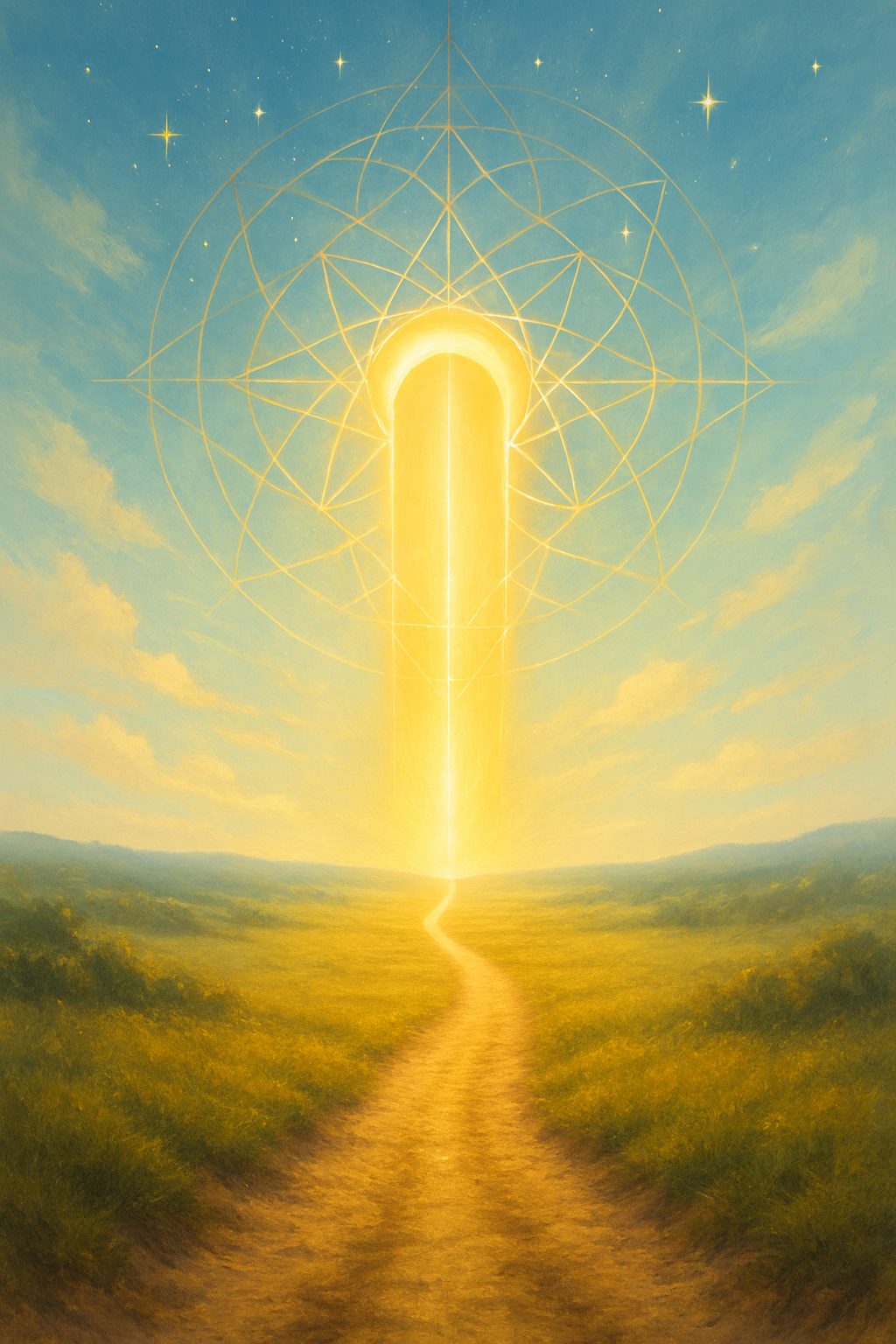 Portale energetico luminoso che si apre nel cielo sopra un sentiero dorato, simbolo di ascensione spirituale e connessione interiore.