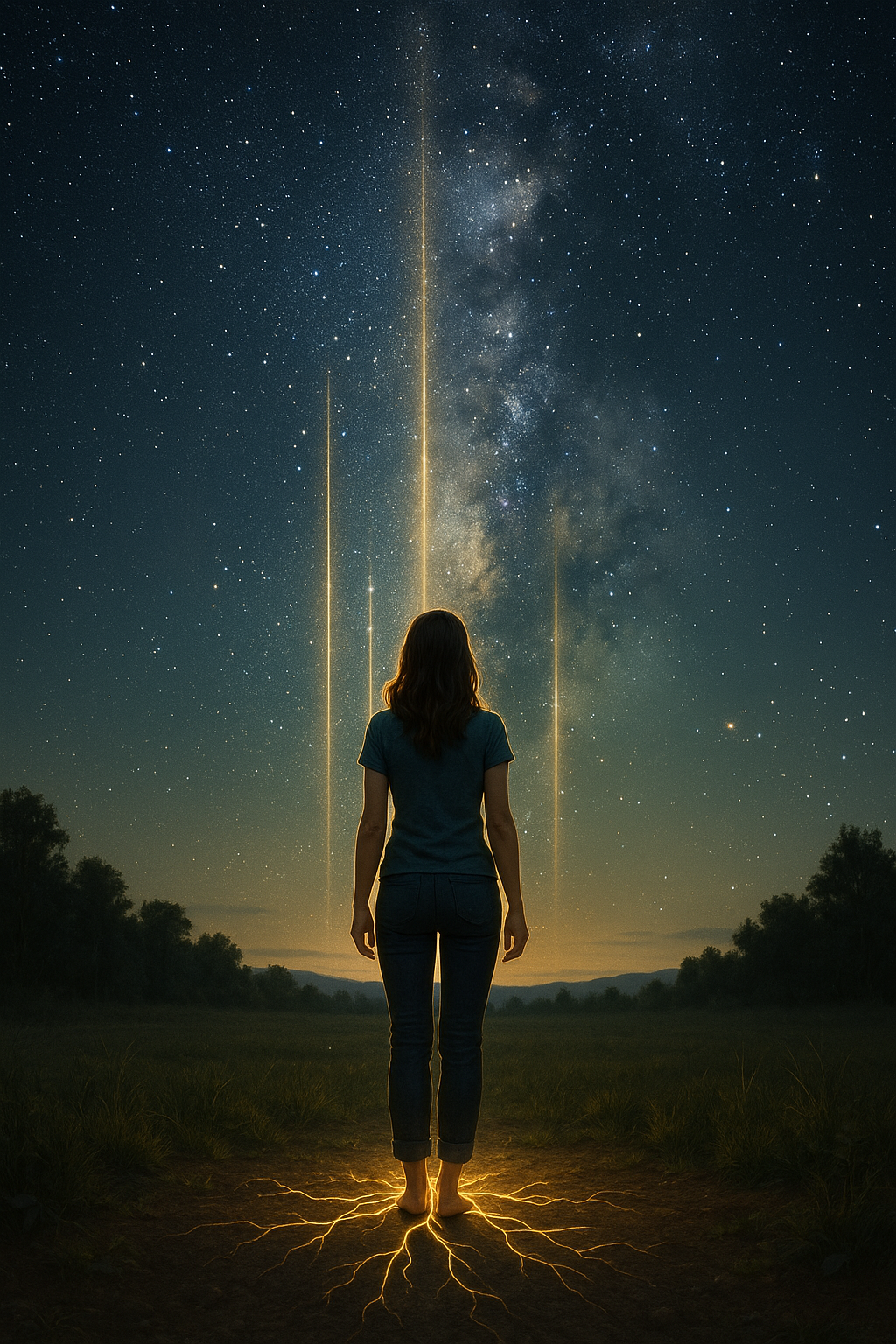 Risveglio galattico: Figura avvolta da luce stellare sotto un cielo cosmico.