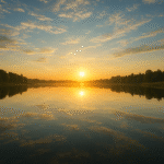 Tramonto evocativo sul lago con il sole che si riflette sull’acqua calma, circondato da alberi e cielo dorato.