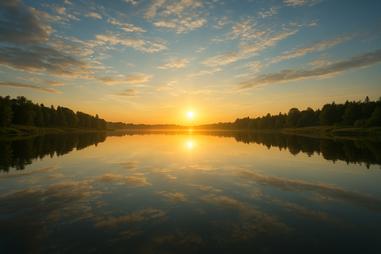 Tramonto evocativo sul lago con il sole che si riflette sull’acqua calma, circondato da alberi e cielo dorato.