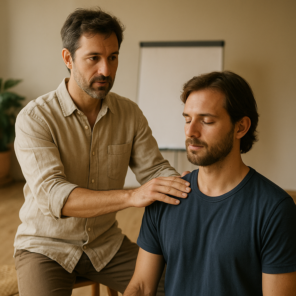 Costellatore che guida un partecipante – Simbolo del metodo esperienziale dell’Accademia.