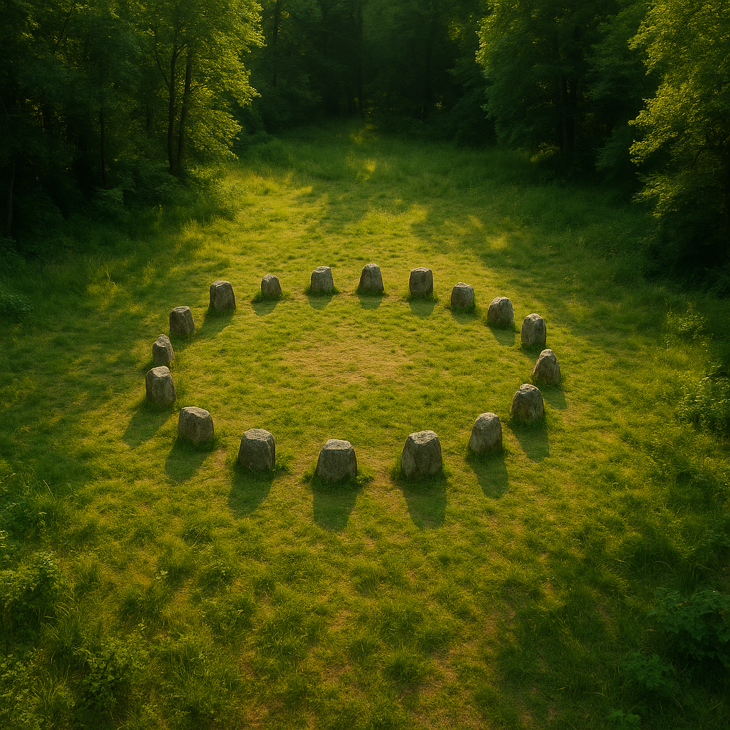 Cerchio di pietre in una radura, simbolo dell’energia condivisa durante una costellazione di gruppo.