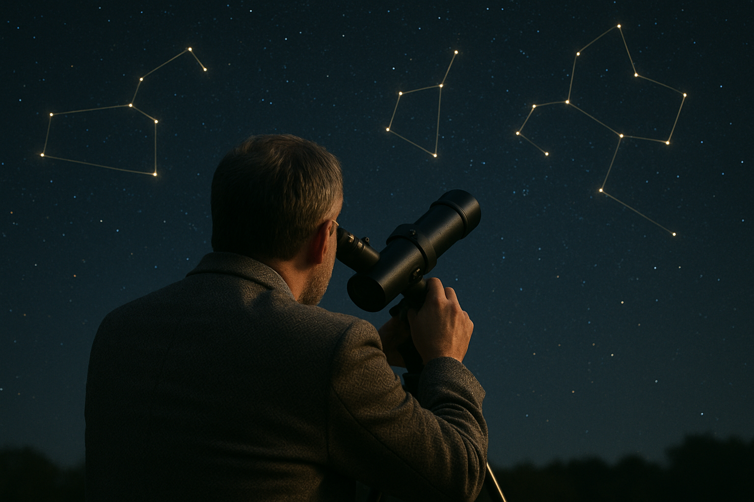 Fisico che osserva il cielo con un telescopio sotto un cielo stellato, con costellazioni luminose sullo sfondo. Immagine simbolica del legame tra osservazione, realtà e principi della fisica quantistica nelle Costellazioni Quantiche