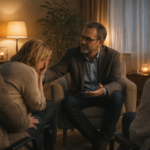 Cerchio di persone sedute in ascolto silenzioso durante una sessione di Costellazioni Quantiche in uno spazio protetto.