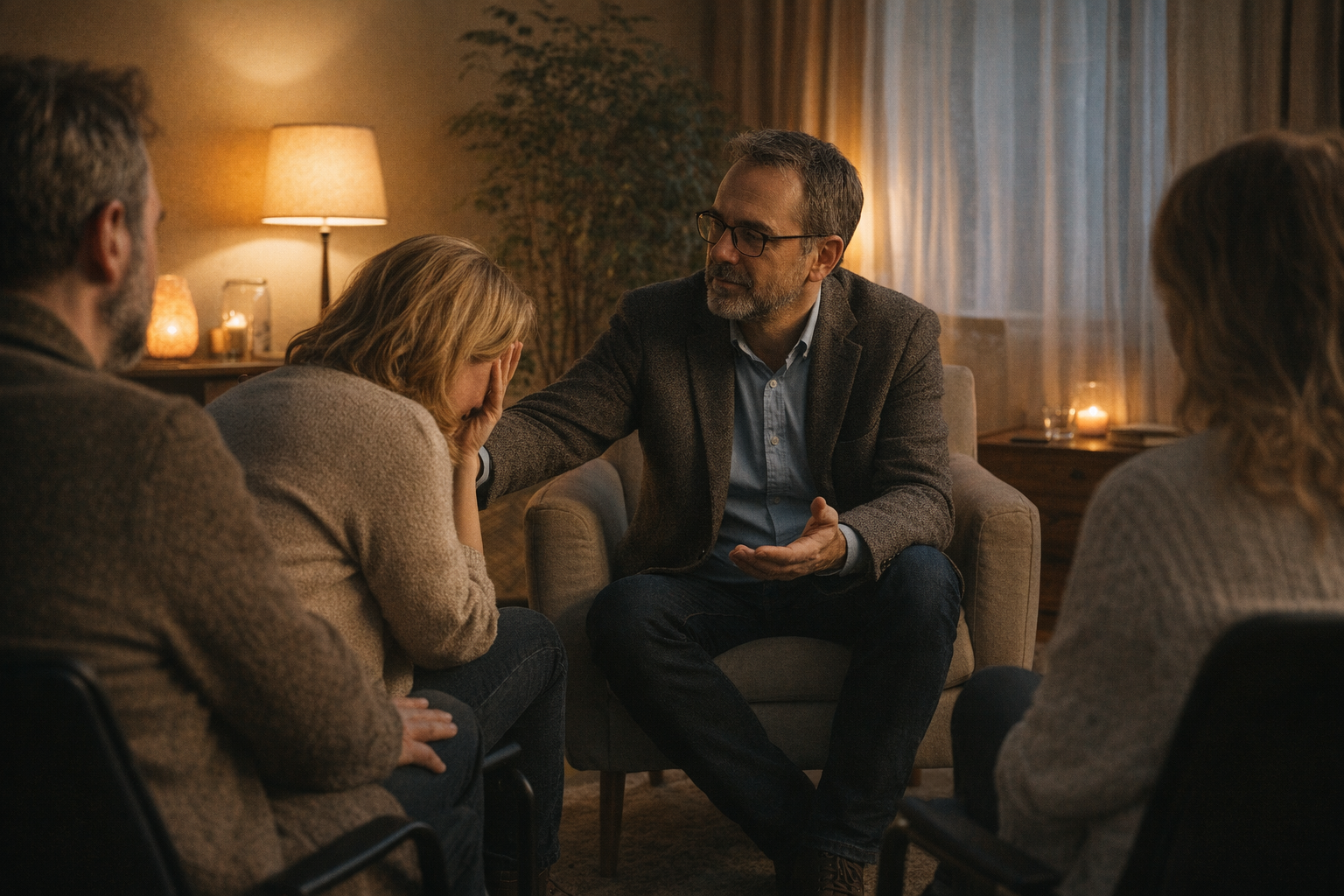 Cerchio di persone sedute in ascolto silenzioso durante una sessione di Costellazioni Quantiche in uno spazio protetto.