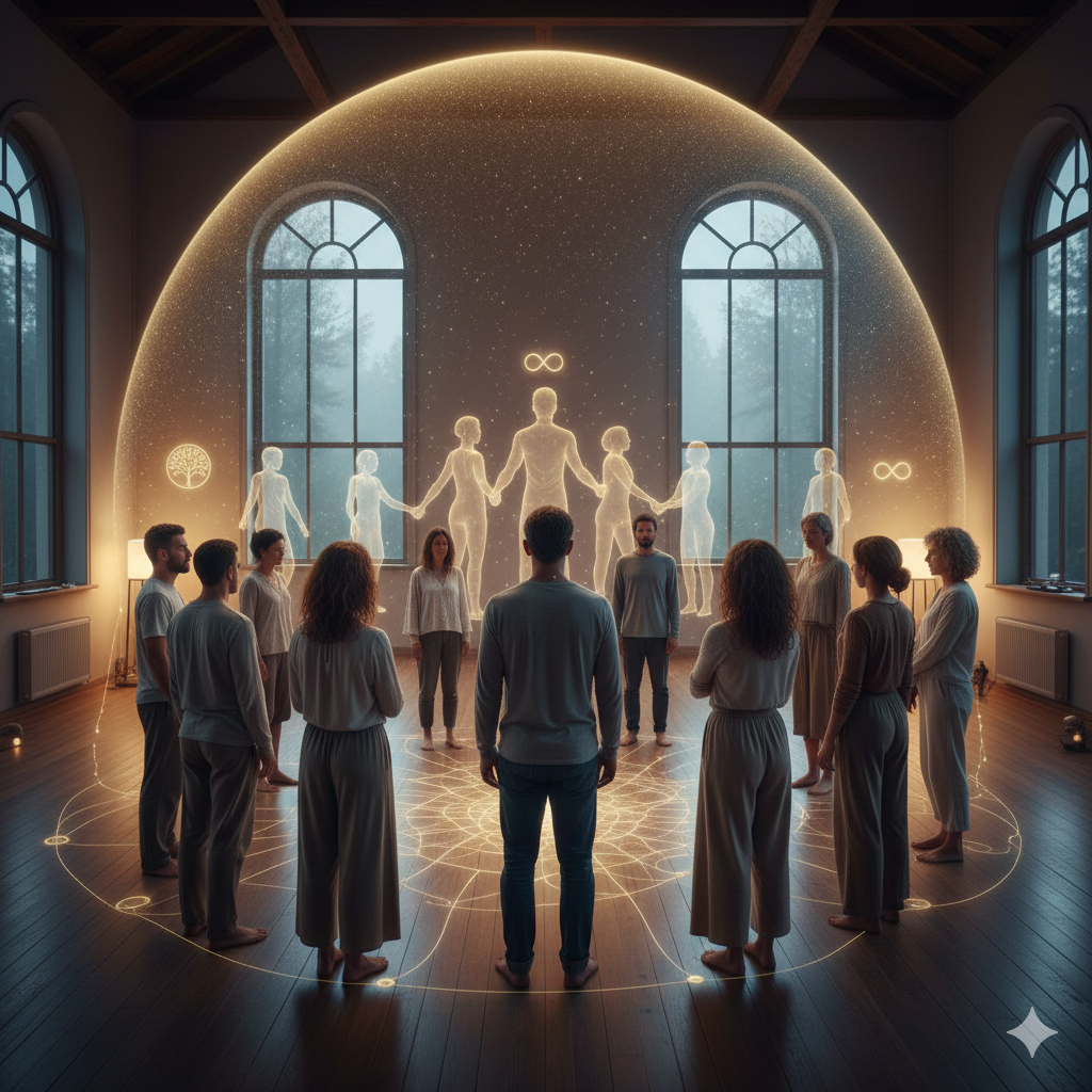 Gruppo di persone disposte nello spazio durante una sessione di Costellazioni Quantiche.