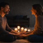 Coppia seduta in silenzio, in ascolto reciproco e presenza consapevole.