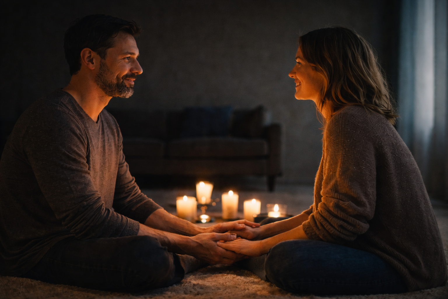 Coppia seduta in silenzio, in ascolto reciproco e presenza consapevole.