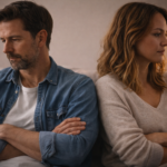 Coppia seduta a distanza, in ascolto silenzioso, simbolo di fiducia e tensione relazionale.