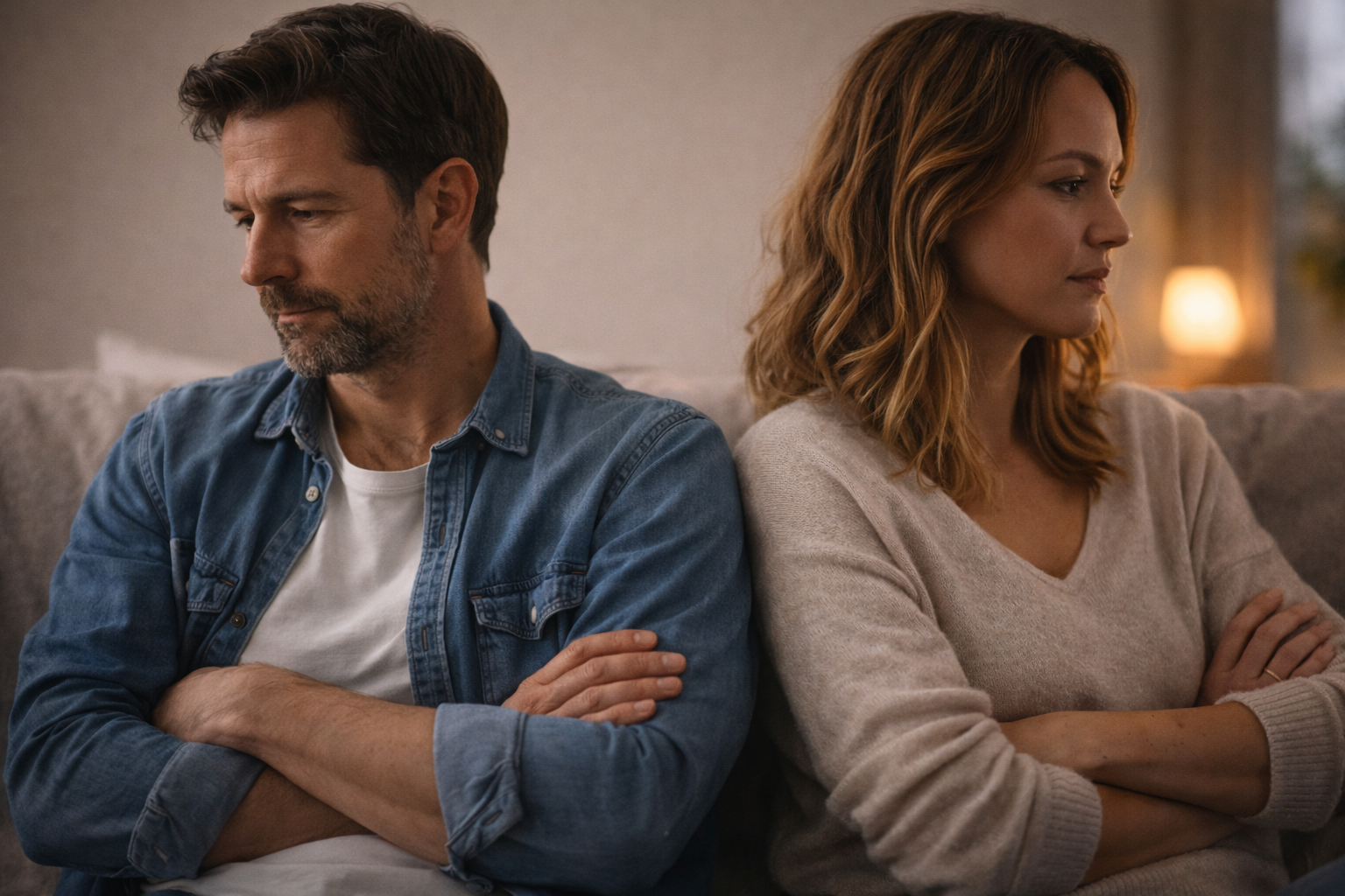 Coppia seduta a distanza, in ascolto silenzioso, simbolo di fiducia e tensione relazionale.